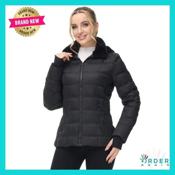 Winter Down Puffer Jacket Hooded Faux Fur Lined Chic Sporty Thumb Hole